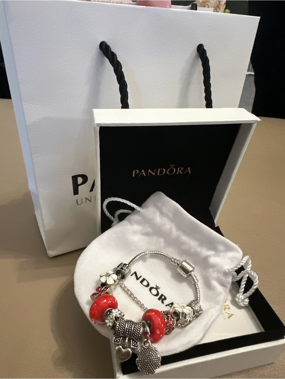 Women's Silver Charm Bracelet with Red Glass Beads